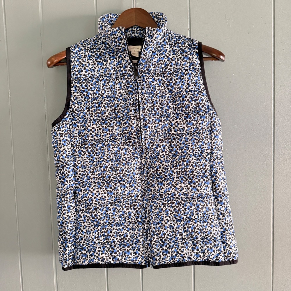 J Crew Puffer Vest Womens Smal Blue Black White Cheetah Print Quilted Zipl B9330